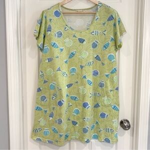 Lulu-B Green Fish Shell Beach Short Sleeve T- Shirt Dress Sz 1X Coastal Pockets